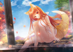 Rule 34 | 1girl, ainili, animal ears, autumn leaves, bare arms, bare legs, bare shoulders, barefoot, blue sky, blush, breasts, closed mouth, cloud, commentary request, commission, day, fox ears, fox girl, fox tail, knee up, large breasts, leaf, long hair, looking at viewer, maple leaf, mountain, naked towel, orange hair, original, outdoors, red eyes, sitting, skeb commission, sky, smile, solo, tail, towel, tree, very long hair, water