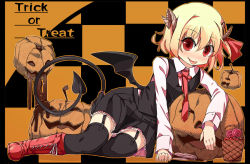 Rule 34 | 1girl, bat wings, black thighhighs, blonde hair, blush, boots, breasts, checkered background, chocolate, demon tail, female focus, garter straps, hair ribbon, halloween, horns, jack-o&#039;-lantern, jpeg artifacts, looking at viewer, necktie, outline, red eyes, revision, ribbon, rumia, shamo (koumakantv), skirt, solo, tail, thighhighs, tongue, tongue out, touhou, trick or treat, wings