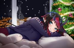 Rule 34 | 1girl, nanashi inc., alternate costume, black hair, blue eyes, blush, breasts, christmas tree, city lights, closed mouth, commentary, demon girl, demon horns, demon tail, earrings, highres, horns, indoors, jewelry, large breasts, looking at viewer, lying, multicolored hair, on bed, on stomach, pillow, pointy ears, pov across bed, purple sweater, red hair, red skirt, ryugasaki rene, short hair, skirt, smile, snowing, solo, stud earrings, sugar lyric, sweater, symbol-only commentary, tail, two-tone hair, virtual youtuber, zono (inokura syuzo029)