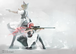 Rule 34 | 2girls, ai arctic warfare, aiming, akiha rumiho, amane suzuha, animal ears, apron, back-to-back, back bow, black dress, black legwear, blonde hair, blouse, bolt action, bow, braid, cat ears, character name, chest belt, chinese commentary, commentary request, debris, dress, drill hair, fake animal ears, floating hair, frilled dress, frills, from behind, from side, gun, handgun, high heels, highres, hihei xiaobai, holding, holding gun, holding weapon, long hair, looking away, maid, maid headdress, multiple girls, on one knee, pantyhose, partial commentary, pink eyes, pink hair, red ribbon, ribbon, rifle, shirt, short sleeves, sniper rifle, standing, steins;gate, strappy heels, twin braids, twin drills, waist apron, weapon, white apron, white background, white bow, white shirt, yellow eyes