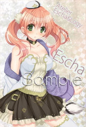 Rule 34 | 10s, 1girl, :o, atelier (series), atelier escha &amp; logy, bare shoulders, black skirt, blush, breasts, brown skirt, character name, choker, cleavage, coat, collarbone, copyright name, corset, english text, escha malier, female focus, green eyes, hair between eyes, hat, jacket, jewelry, large breasts, legs, looking at viewer, necklace, off shoulder, open mouth, pink hair, sample watermark, shiny skin, shirt, short hair, skirt, solo, strapless, tail, twintails, watermark, yukidarumatan
