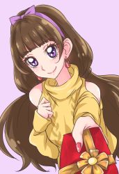 Rule 34 | 1girl, amanogawa kirara, bow, brown hair, chocokin, earrings, gift, giving, go! princess precure, hair bow, hairband, jewelry, long hair, looking at viewer, nail polish, precure, purple background, purple bow, purple eyes, red nails, shirt, smile, solo, twintails, upper body, yellow shirt