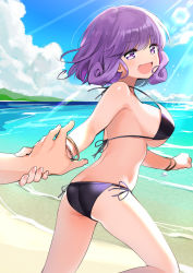 Rule 34 | 1girl, :d, ass, bare shoulders, beach, bikini, blush, breasts, hair between eyes, halterneck, highres, holding another&#039;s arm, looking at viewer, medium breasts, open mouth, original, purple eyes, purple hair, short hair, side-tie bikini bottom, smile, solo, string bikini, swimsuit, tere, thighs