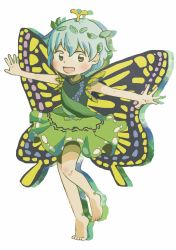 Rule 34 | 1girl, antennae, aqua hair, bare legs, barefoot, blush, brown eyes, butterfly wings, dress, eternity larva, fairy, full body, green dress, hair between eyes, highres, insect wings, leaf, leaf on head, multicolored clothes, multicolored dress, open mouth, outstretched arms, rome35793562, short hair, short sleeves, simple background, single strap, smile, solo, spread arms, touhou, white background, wings