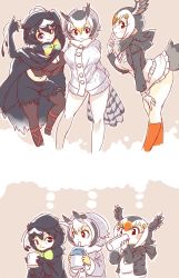 Rule 34 | 3girls, adapted costume, aged down, aged up, alternate breast size, atlantic puffin (kemono friends), bird girl, bird tail, bird wings, black fur, black headwear, black legwear, black shirt, black shorts, blonde hair, bow, bowtie, cabbie hat, coat, commentary request, crop top, fur collar, gladiator sandals, gloves, grey hair, hair between eyes, hat, head wings, highres, kemono friends, long sleeves, maki (02uh14l1b740ao2), milk, multiple girls, multiple persona, navel, northern white-faced owl (kemono friends), orange socks, pantyhose, pleated skirt, puffy shorts, red eyes, red hair, sandals, shirt, short hair, shorts, sippy cup, skirt, socks, tail, thought bubble, vest, western parotia (kemono friends), white coat, white fur, white hair, white legwear, white skirt, white vest, wings, yellow gloves, yellow neckwear