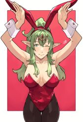 Rule 34 | 1girl, absurdres, alternate costume, animal ears, armpits, arms up, breasts, covered navel, fake animal ears, fire emblem, fire emblem awakening, green eyes, highres, leotard, long hair, looking at viewer, medium breasts, nintendo, one eye closed, pantyhose, playboy bunny, pointy ears, rabbit ears, red leotard, red ribbon, ribbon, sakuremi, smile, solo, strapless, strapless leotard, thigh gap, tiara, tiki (adult) (fire emblem), tiki (fire emblem), watermark, wrist cuffs