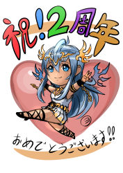 Rule 34 | 1girl, ahoge, andromeda (p&amp;d), anniversary, armlet, bare shoulders, blue eyes, blue hair, bracer, breasts, chain, chibi, cleavage, congratulations, dark skin, dark-skinned female, dress, hair ornament, heart, high heels, itou youichi, long hair, matching hair/eyes, pleated dress, puzzle &amp; dragons, running, short dress, small breasts, smile, solo, tiara, v, white dress, wings