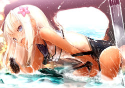 Rule 34 | 10s, 1girl, blue eyes, clothes pull, flower, hair flower, hair ornament, kantai collection, long hair, mizusaki (tengoku), one-piece swimsuit pull, one-piece tan, open mouth, ro-500 (kancolle), school swimsuit, school uniform, sea cucumber, sexually suggestive, sketch, swimsuit, tan, tanline, torpedo, water, white hair