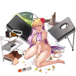 Rule 34 | 1girl, :3, :p, barefoot, bikini, blonde hair, blue nails, blush, boryeon (last origin), bracelet, breasts, cart, collarbone, colored inner hair, covering, covering breasts, defeat, ear piercing, earrings, flower, full body, game cg, hair between eyes, hair flower, hair ornament, heart, hibiscus, highres, huge breasts, jewelry, kirome (kamipaper), kneeling, last origin, leaf print, linea alba, long hair, looking at viewer, lotion bottle, massage table, mole, mole on breast, multicolored hair, multicolored nails, nail polish, official art, open mouth, palm tree, piercing, plant, potted plant, purple bikini, purple eyes, purple hair, purple nails, razor blade, red flower, red nails, simple background, skull and crossbones, sling bikini top, solo, string bikini, sweat, swimsuit, tachi-e, tongue, tongue out, torn bikini, torn clothes, towel, transparent background, tree, two-tone hair, very long hair, wet