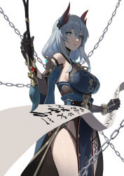 Rule 34 | 1girl, absurdres, aqua pupils, black gloves, breasts, bright pupils, calligraphy brush, chain, cowboy shot, detached sleeves, freedomexvss, gloves, grey eyes, grey hair, hair between eyes, hanya (honkai: star rail), highres, holding, holding calligraphy brush, holding paintbrush, honkai: star rail, honkai (series), large breasts, looking at viewer, paintbrush, parted lips, scroll, side slit, simple background, solo, white background, writing