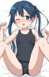 Rule 34 | 1girl, bare arms, bare shoulders, bed sheet, black one-piece swimsuit, blue eyes, blue hair, blush, cameltoe, collarbone, commentary request, feet out of frame, hands up, highres, kin-iro mosaic, knees up, komichi aya, long hair, looking at viewer, lying, nose blush, old school swimsuit, on back, one-piece swimsuit, one eye closed, open mouth, school swimsuit, solo, spread legs, swimsuit, takasuma hiro, twintails, very long hair