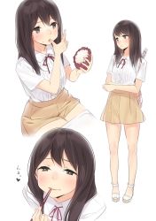 Rule 34 | 10s, 1girl, akagi (kancolle), alternate costume, ama mitsuki, arrow (projectile), blush, brown eyes, brown hair, brown skirt, casual, chopsticks, collared shirt, commentary, crossed arms, eating, food, food on face, full body, hair between eyes, heart, high heels, kantai collection, lips, long hair, looking at viewer, looking to the side, miniskirt, multiple views, neck ribbon, onigiri, platform footwear, platform heels, quiver, ribbon, rice, rice on face, sandals, shirt, short sleeves, sitting, skirt, skirt set, standing, towel, white footwear