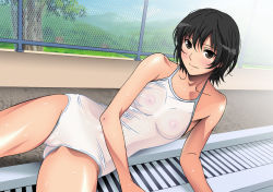 Rule 34 | 1girl, amagami, black hair, brown eyes, female focus, lying, nanasaki ai, nature, nipples, on side, one-piece swimsuit, outdoors, plant, pool, poolside, rudoni, school swimsuit, see-through, short hair, sky, solo, swimsuit, uncensored, white school swimsuit, white one-piece swimsuit