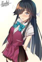 Rule 34 | 1girl, adapted costume, arms behind back, bad id, bad twitter id, black hair, black skirt, blunt bangs, bow, bowtie, cocktail, cosplay, dated, drink, hair over one eye, hair ribbon, hayashimo (kancolle), kantai collection, long hair, pallad, pleated skirt, purple vest, remodel (kantai collection), ribbon, school uniform, shirt, signature, simple background, skirt, sleeves rolled up, solo, upper body, very long hair, vest, white background, white shirt, yuugumo (kancolle), yuugumo (kancolle) (cosplay)