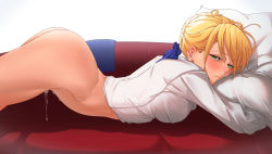 Rule 34 | 1girl, arched back, artoria pendragon (all), artoria pendragon (fate), ass, blonde hair, blouse, blue ribbon, blush, bottomless, braid, braided bun, breasts, closed mouth, couch, fate/stay night, fate (series), french braid, from side, green eyes, hair bun, hair ribbon, half-closed eyes, highres, lips, looking at viewer, looking to the side, lying, on couch, on stomach, pillow, pussy juice, ribbon, saber (fate), shirt, small breasts, solo, tamamoice, white shirt