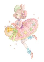 Rule 34 | 1girl, animal ears, ankle bow, ankle ribbon, basket, blue bow, bonnet, bow, brown hair, dress, easter, easter egg, egg, flower, full body, green eyes, holding, holding basket, leg ribbon, lilviv, looking at viewer, original, pink dress, pink footwear, pink headwear, puffy short sleeves, puffy sleeves, purple bow, rabbit ears, ribbon, shoes, short hair, short sleeves, simple background, solo, standing, white background, white flower