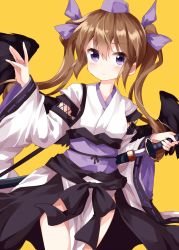 Rule 34 | 1girl, alternate costume, black wings, blush, breasts, brown hair, commentary request, cowboy shot, feathered wings, hair between eyes, hair ribbon, hand up, hat, highres, himekaidou hatate, holding, holding sword, holding weapon, japanese clothes, katana, kimono, kourindou tengu costume, long hair, long sleeves, looking at viewer, medium breasts, obi, orange background, pelvic curtain, purple eyes, purple ribbon, purple sash, ribbon, ribbon-trimmed sleeves, ribbon trim, ruu (tksymkw), sash, scabbard, sheath, simple background, solo, sword, thighs, tokin hat, touhou, twintails, unsheathing, weapon, white kimono, wide sleeves, wings
