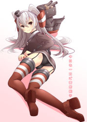 Rule 34 | 10s, 1girl, amatsukaze (kancolle), ass, black panties, brown eyes, dress, el (canon jihad), garter straps, kantai collection, lace, lace-trimmed panties, lace trim, long hair, looking at viewer, panties, personification, sailor dress, school uniform, serafuku, short dress, silver hair, solo, striped clothes, striped thighhighs, thighhighs, twintails, two side up, underwear, zettai ryouiki