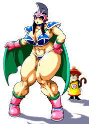 Rule 34 | 1boy, 1girl, abs, armor, artist request, bikini armor, blue eyes, breasts, cape, chi-chi (dragon ball), cleavage, dragon ball, dragonball z, full body, highres, huge breasts, lips, long hair, looking at viewer, mature female, muscular, navel, one eye closed, plump, purple hair, son gohan, standing, thick thighs, thighs, wide hips