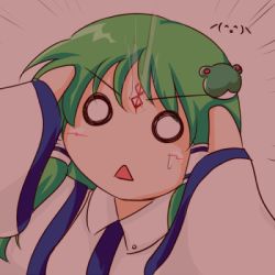 Rule 34 | 1girl, :&lt;, berserk, chibi, commentary request, face, female focus, frog, frog hair ornament, green hair, hair ornament, hair tubes, hands on own face, kochiya sanae, long hair, lowres, o o, open mouth, solo, sukedai, touhou
