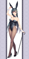 Rule 34 | 1girl, animal ears, black bow, black bowtie, black hair, black leotard, bow, bowtie, breasts, cane, cleavage, commentary request, crossed legs, detached collar, fake animal ears, fishnet pantyhose, fishnets, green eyes, highres, leotard, long hair, nyangoro, original, pantyhose, playboy bunny, rabbit ears, rabbit tail, solo, standing, strapless, strapless leotard, tail, watson cross, wrist cuffs