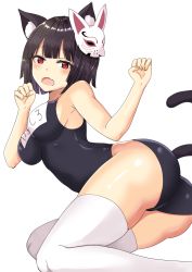 Rule 34 | 1girl, animal ears, ass, azur lane, bad id, bad pixiv id, black hair, blush, breasts, cat ears, cat tail, clothes writing, fang, fox mask, highres, impossible clothes, impossible swimsuit, looking at viewer, looking back, lying, mask, mask on head, medium breasts, on side, one-piece swimsuit, open mouth, red eyes, ryun025, short hair, sideboob, simple background, solo, swimsuit, tail, thighhighs, white background, white thighhighs, yamashiro (azur lane), yamashiro (summer offensive?) (azur lane)