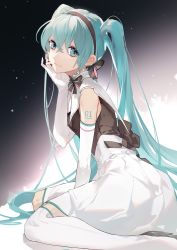 Rule 34 | 1girl, between legs, black hairband, black neckwear, black vest, blue eyes, blue hair, boots, closed mouth, elbow gloves, gloves, hair between eyes, hairband, hand between legs, hatsune miku, head rest, high-waist skirt, high heel boots, high heels, highres, long hair, looking at viewer, miniskirt, saianan, sitting, skirt, smile, solo, thigh boots, thighhighs, twintails, very long hair, vest, vocaloid, wariza, white footwear, white gloves, white skirt