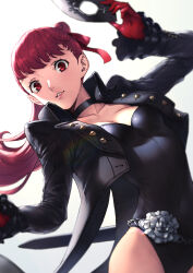 Rule 34 | 1girl, absurdres, breasts, choker, gloves, grin, highres, jacket, leotard, long hair, looking at viewer, mao san, mask, unworn mask, medium breasts, persona, persona 5, persona 5 the royal, ponytail, red eyes, red gloves, red hair, simple background, smile, solo, white background, yoshizawa kasumi
