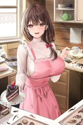 Rule 34 | 1girl, absurdres, apron, blueberry, blush, bow, bowl, breasts, brown eyes, brown hair, cake, cake slice, chocolate making, commission, food, fruit, hair bow, highres, holding, holding coffee pot, holding plate, kitchen, large breasts, lillly, long hair, long sleeves, looking at viewer, mixing bowl, open mouth, original, plate, smile, solo, strawberry, turtleneck