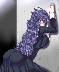 Rule 34 | 1girl, :o, against wall, ahoge, ass, bent over, black dress, blue hair, blush, breasts, dress, kuon yashiro, large breasts, long hair, long sleeves, looking at viewer, messy hair, nun, original, red eyes, solo