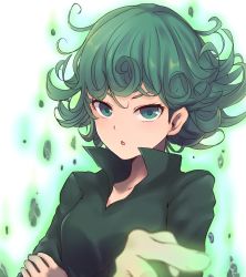 Rule 34 | 1girl, :o, absurdres, black shirt, blurry, blush, collar, crossed arms, curly hair, dyson (edaokunnsaikouya), floating rock, green background, green eyes, green hair, highres, levitation, looking at viewer, matching hair/eyes, md5 mismatch, one-punch man, parted lips, shirt, short hair, solo, tatsumaki, upper body, white background