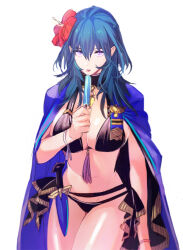 Rule 34 | 1girl, bikini, black bikini, blue cape, blue hair, breasts, byleth (female) (fire emblem), byleth (female) (summer) (fire emblem), byleth (fire emblem), cape, cleavage, commentary request, cowboy shot, dagger, fire emblem, fire emblem: three houses, fire emblem heroes, flower, food, hair flower, hair ornament, holding, holding food, knife, large breasts, long hair, nintendo, official alternate costume, popsicle, purple eyes, red flower, revision, sheath, sheathed, solo, standing, stomach, swimsuit, thighs, tsukimura noe, weapon