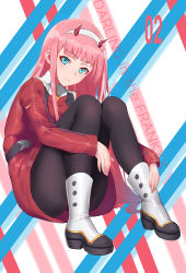 Rule 34 | 10s, 1girl, ass, bad id, bad pixiv id, black pantyhose, blue eyes, boots, cang se ye hua, character name, copyright name, darling in the franxx, dress, eyeshadow, full body, hairband, highres, horns, hugging own legs, long hair, long sleeves, looking at viewer, makeup, military, military uniform, orange neckwear, pantyhose, pink hair, red dress, sitting, smile, solo, straight hair, uniform, very long hair, white hairband, zero two (darling in the franxx)