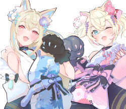 Rule 34 | 2girls, absurdres, animal ear fluff, animal ears, animal hands, ayumi (ayumi05888572), belt, black collar, black sash, blonde hair, blue belt, blue eyes, blue hair, blue kimono, blush, breasts, collar, dog ears, dog girl, dog paws, fangs, flat chest, floral print kimono, flower, fuwawa abyssgard, fuwawa abyssgard (new year), hair flower, hair ornament, highres, hololive, hololive english, japanese clothes, kimono, large breasts, looking at viewer, mococo abyssgard, mococo abyssgard (new year), multicolored hair, multiple girls, obi, official alternate costume, one eye closed, open mouth, pink belt, pink eyes, pink hair, pink kimono, sash, short hair, siblings, sisters, skin fangs, sleeveless, sleeveless kimono, smile, spiked collar, spikes, streaked hair, twins, twintails, virtual youtuber