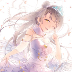 Rule 34 | 10s, 1girl, bow, breasts, brown hair, cleavage, dress, feathered wings, happy, long hair, looking at viewer, love live!, love live! school idol festival, love live! school idol project, minami kotori, one eye closed, open mouth, petals, senoo aoi, simple background, skirt hold, smile, solo, strapless, strapless dress, tears, tiara, wedding dress, white background, white dress, white wings, wings, wiping tears, yellow eyes
