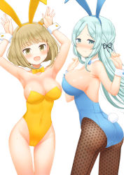Rule 34 | 2girls, animal ears, ass, blonde hair, blue eyes, blue hair, blue leotard, blunt bangs, bow, bowtie, breasts, brown eyes, cleavage, commentary request, denkaisui, detached collar, embarrassed, fake animal ears, fishnet legwear, fishnets, green eyes, hiroe chiharu, large breasts, leotard, long hair, looking at viewer, magia record: mahou shoujo madoka magica gaiden, mahou shoujo madoka magica, multiple girls, pantyhose, playboy bunny, rabbit ears, rabbit pose, rabbit tail, short hair, simple background, smile, strapless, strapless leotard, tail, toki sunao, white background, wrist cuffs, yellow leotard, yellow neckwear
