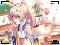 Rule 34 | 1girl, ascot, ayanami (azur lane), azur lane, bandaid, bandaid on arm, battery indicator, belt, blurry, cake, commentary request, confetti, depth of field, detached sleeves, fake screenshot, food, hair between eyes, hair ornament, hairclip, headgear, highres, long hair, long sleeves, looking at viewer, marimo daifuku, midriff, parted lips, ponytail, retrofit (azur lane), school uniform, serafuku, sidelocks, silver hair, solo, strawberry cake, triangle mouth, v, viewfinder, wide sleeves, yellow eyes