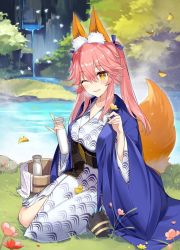 Rule 34 | 1girl, alcohol, animal ear fluff, animal ears, blush, bottle, breasts, collarbone, day, fate/grand order, fate (series), flower, fox ears, fox girl, fox tail, hatoyama itsuru, heroic spirit traveling outfit, highres, japanese clothes, kimono, large breasts, long sleeves, looking at viewer, nature, official alternate costume, one eye closed, open mouth, outdoors, petals, pink hair, sake, sake bottle, sash, seiza, sitting, solo, tail, tamamo (fate), tamamo no mae (fate/extra), tamamo no mae (traveling outfit) (fate), tree, twintails, water, waterfall, yellow eyes