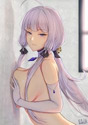 Rule 34 | 1girl, absurdres, against wall, ahoge, azur lane, band-width, blue eyes, blunt bangs, blush, breast press, breasts, choker, cleavage, detached collar, elbow gloves, from side, gem, gloves, hair ornament, half-closed eyes, highres, illustrious (azur lane), jewelry, large breasts, leaning forward, lips, long hair, looking at viewer, looking to the side, low-tied long hair, low ponytail, mole, mole under eye, no headwear, nude, parted lips, pendant, pink hair, purple eyes, signature, smile, solo, tri tails, tsurime, upper body, very long hair, white choker, white gloves, white hair, window