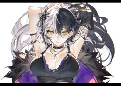 Rule 34 | 1girl, armpits, arms up, black coat, black hair, black tank top, bra, breasts, choker, coat, earrings, fishnet armwear, fishnets, fur coat, hair ornament, highres, hololive, hololive english, jewelry, large breasts, lip piercing, lip ring, long hair, looking at viewer, lucadark art, multicolored hair, necklace, piercing, shiori novella, shiori novella (1st costume), simple background, solo, tank top, underwear, virtual youtuber, white background, white hair, yellow eyes
