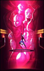 Rule 34 | arms up, asari (mass effect), ass, blue skin, breasts, closed eyes, colored skin, dancing, highres, impossible clothes, janrock, large breasts, mass effect (series), medium breasts, multiple views, muscular, muscular arms, muscular female, nightclub, underboob