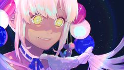 Rule 34 | + +, 1boy, 1girl, blonde hair, blue bow, bow, collarbone, dark-skinned female, dark skin, giant, giantess, gloves, hair behind ear, hair ornament, halterneck, highres, hololive, hololive english, in palm, looking down, parted lips, planet hair ornament, portrait, smile, sowame xx, space, star (sky), tsukumo sana, tsukumo sana (1st costume), twintails, virtual youtuber, white gloves, yellow eyes
