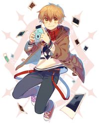 Rule 34 | 1boy, blonde hair, camera, david (lalin&#039;s curse), hair between eyes, holding, holding camera, isakysaku, jacket, lalin&#039;s curse, looking at viewer, male focus, midriff peek, pants, photo (object), red footwear, red scarf, scarf, shirt, smile, solo, white background, yellow eyes