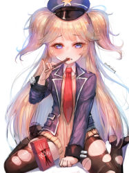 Rule 34 | absurdres, black thighhighs, blazer, blonde hair, blush, box, brand name imitation, clenched hand, collared shirt, covering privates, covering crotch, food, food on face, girls&#039; frontline, hair flaps, hat, highres, holding, holding food, jacket, long sleeves, looking at viewer, no shoes, open clothes, open jacket, open mouth, peaked cap, pinky out, pocky, purple eyes, red neckwear, ribbed sweater, shirt, sitting, sketch, solo, super-shorty (girls&#039; frontline), sweater, thighhighs, torn clothes, torn thighhighs, twitter username, two side up, white shirt, wing collar, yellow sweater, zonekiller10