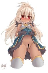 Rule 34 | 10s, 1girl, :o, ahoge, armor, armored dress, ass, bare shoulders, black gloves, blonde hair, blue dress, blush, censored, cropped legs, dark-skinned female, dark skin, dress, from behind, gloves, granblue fantasy, hair between eyes, long hair, musouzuki, navel, no panties, nose blush, open mouth, pussy, pussy juice, red eyes, short dress, signature, simple background, solo, white background, wide hips, zooey (granblue fantasy)