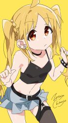 Rule 34 | 1girl, absurdres, ahoge, alternate costume, alternate hairstyle, artist name, black camisole, black choker, blonde hair, blue skirt, bocchi the rock!, camisole, choker, cowboy shot, cropped shirt, ear piercing, expressionless, garter straps, hands up, highres, ijichi nijika, long hair, looking at viewer, midriff, miniskirt, navel, piercing, playing with own hair, pleated skirt, red eyes, see-through thighhighs, signature, simple background, single thighhigh, skirt, solo, thighhighs, two side up, yellow background, zetsuyo chimayo