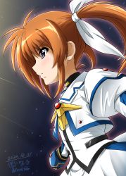 Rule 34 | 1girl, artist name, blue eyes, brown hair, closed mouth, commentary request, cropped jacket, dated, diesel-turbo, dress, female focus, frown, gauntlets, hair ribbon, highres, jacket, juliet sleeves, long sleeves, looking to the side, lyrical nanoha, magical girl, mahou shoujo lyrical nanoha, mahou shoujo lyrical nanoha the movie 1st, medium hair, partial commentary, puffy sleeves, ribbon, signature, solo, takamachi nanoha, takamachi nanoha (movie 1st mode), twintails, upper body, white dress, white jacket, white ribbon