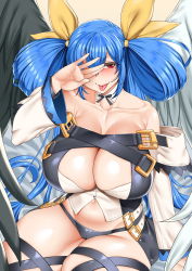 Rule 34 | 1girl, :p, arc system works, bare shoulders, belt, blue hair, blush, breasts, cameltoe, cleavage, commission, covering face, curvy, dizzy (guilty gear), era (erasion), guilty gear, guilty gear xrd, hair between eyes, hair ribbon, highres, huge breasts, long hair, looking at viewer, mature female, midriff, naughty face, navel, red eyes, ribbon, smile, solo, thick thighs, thigh strap, thighs, tongue, tongue out, twintails, very long hair