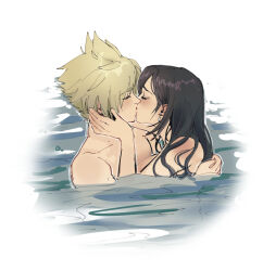 Rule 34 | 1boy, 1girl, bare shoulders, black hair, blonde hair, blush, closed eyes, closed mouth, cloud strife, couple, ear blush, earrings, final fantasy, final fantasy vii, final fantasy vii rebirth, final fantasy vii remake, from side, hand on another&#039;s back, hand on another&#039;s head, hetero, hug, jewelry, kiss, long hair, partially submerged, profile, pudelmudel, short hair, shoulder blush, single earring, spiked hair, tifa lockhart, topless, topless male, upper body, water