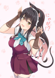 Rule 34 | 1girl, animal ears, black hair, blouse, breasts, brown gloves, cat ears, cat tail, extra ears, fang, fingerless gloves, gloves, grey thighhighs, hair down, hairband, highres, jacket, kantai collection, large breasts, long hair, multicolored hair, naganami (kancolle), naganami kai ni (kancolle), ochikata kage, open clothes, open jacket, paw print, paw print background, pink hair, pleated skirt, purple skirt, purple vest, shirt, short sleeves, skirt, solo, tail, thighhighs, two-tone hair, vest, wavy hair, white background, white hairband, white shirt, yellow eyes